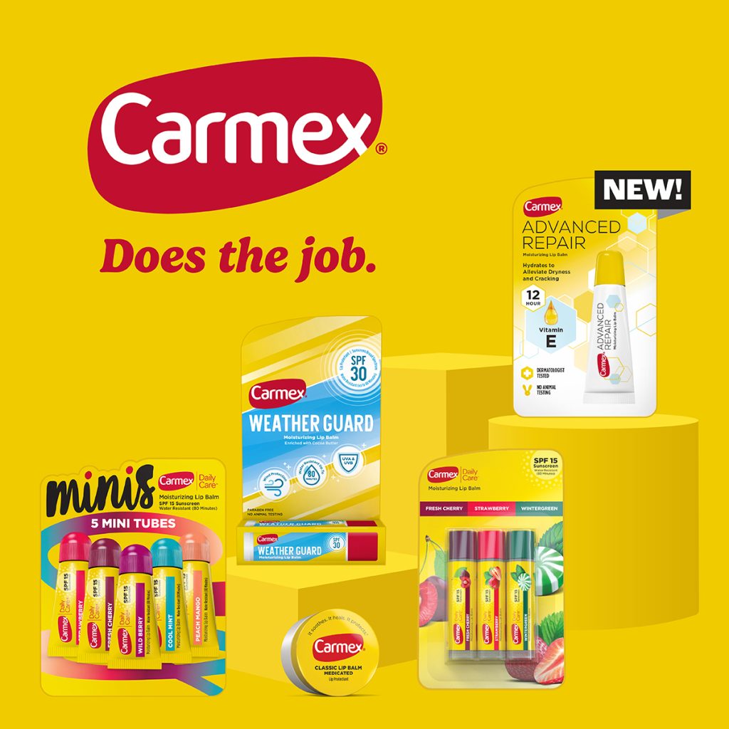Carmex promotional image featuring a variety of lip care products, including minis, Weather Guard, Advanced Repair, and classic balm, displayed on a bright yellow background with the slogan 'Does the job.'