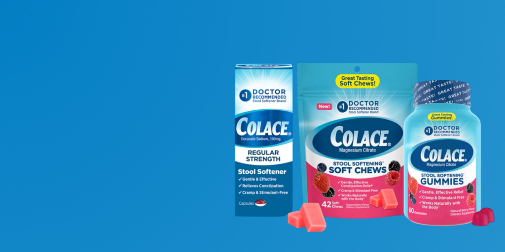 Product display of Colace stool softeners, including Regular Strength Capsules, Stool Softening Soft Chews, and Stool Softening Gummies, shown against a solid blue background. Packaging highlights doctor-recommended status and benefits like gentle, effective relief and cramp-free formulas.