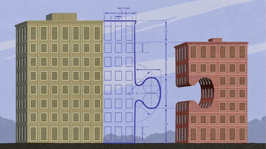 Illustration of three buildings, with the middle structure depicted as a blueprint puzzle piece connecting the two solid buildings on either side. The visual metaphor represents consolidation and integration, reflecting the theme of holding company mergers in the media industry
