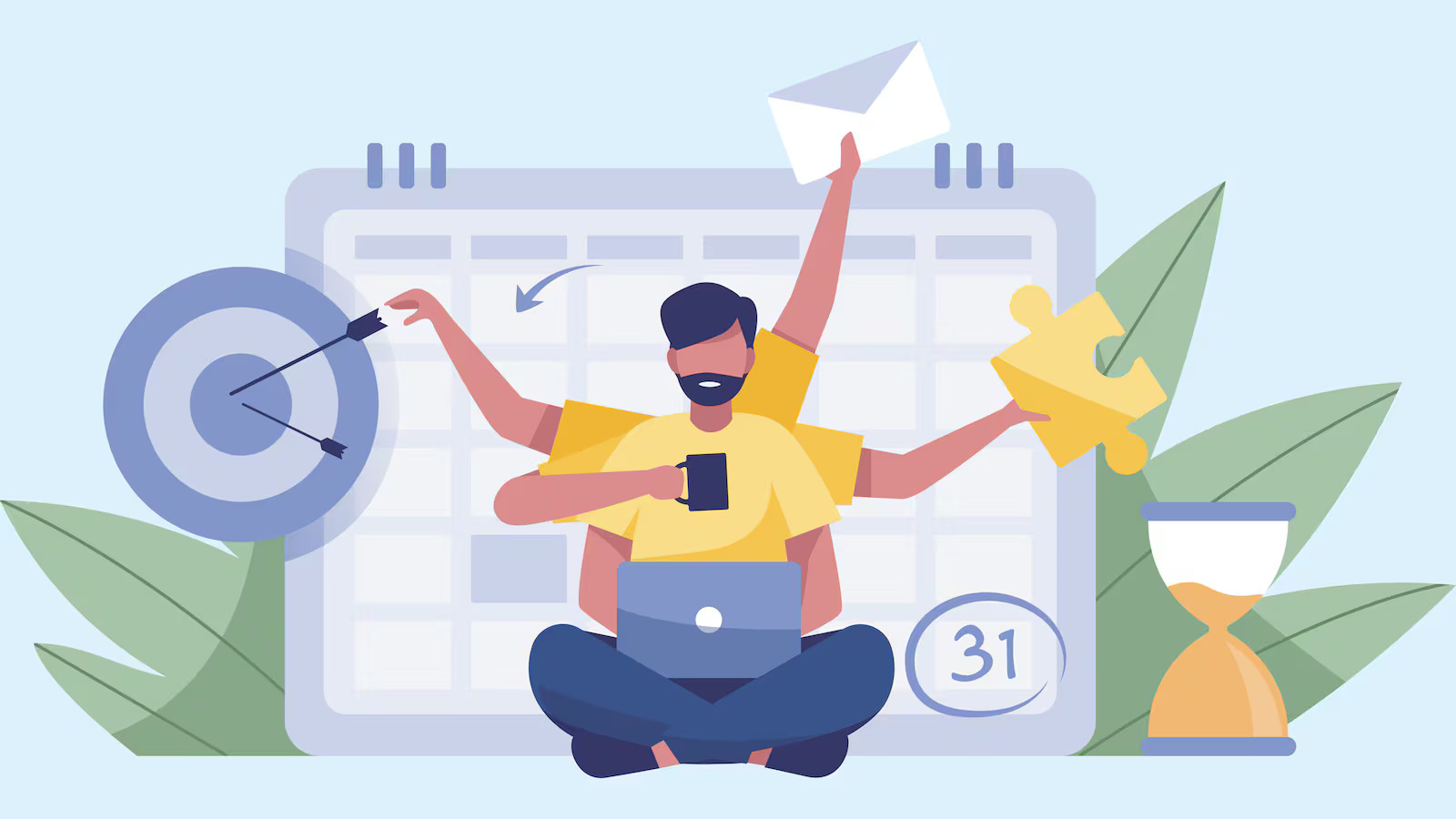 Illustration of a multitasking professional representing an AI-ready talent model — balancing strategy, execution, and agility — with a calendar, bullseye, hourglass, and puzzle pieces symbolizing how indie agencies can hire for the AI age.