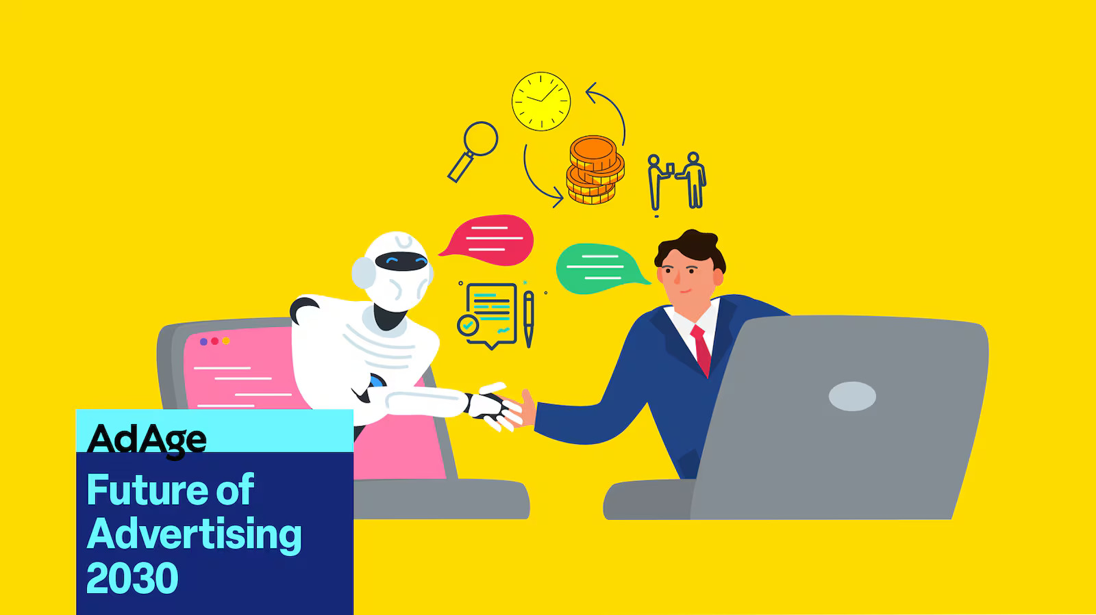 llustration of a robot and a business professional shaking hands across desks, symbolizing AI and human collaboration in marketing. Icons of money, time, and communication float above them, representing efficiency and partnership. This visual highlights how agency culture will evolve with AI in the future of advertising.