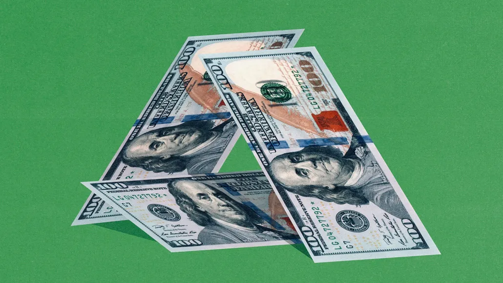 Illustration of $100 bills folded into a fragile structure, symbolizing the need to measure marketing impact during uncertain economic times.