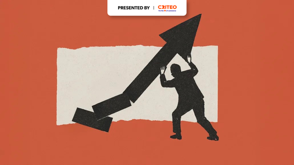 A graphic representing a person pushing up an upwards arrow. Representing how it is important how marketers measure marketing impact.