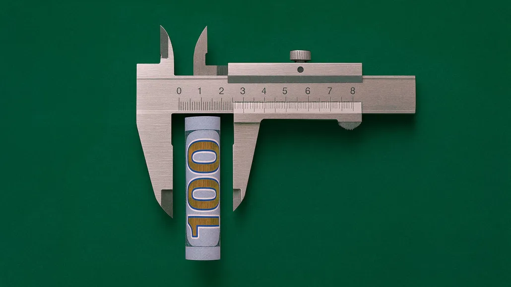Close-up of a metal caliper measuring a rolled $100 bill, symbolizing precision in budgeting and performance measurement — reflecting how modern media agency strategy focuses on flexibility, efficiency, and ROI in an evolving economy.